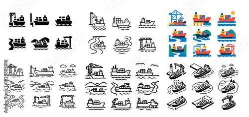 Icon set of various cargo ships