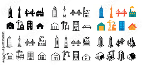 Cityscape icons collection: buildings and bridges