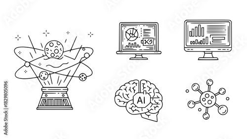 Vector icons, minimal line art, holograms, orbit rings, digital screens, AI brain symbol, nanotechnology particles, isolated on white background, clean outlines, high-resolu