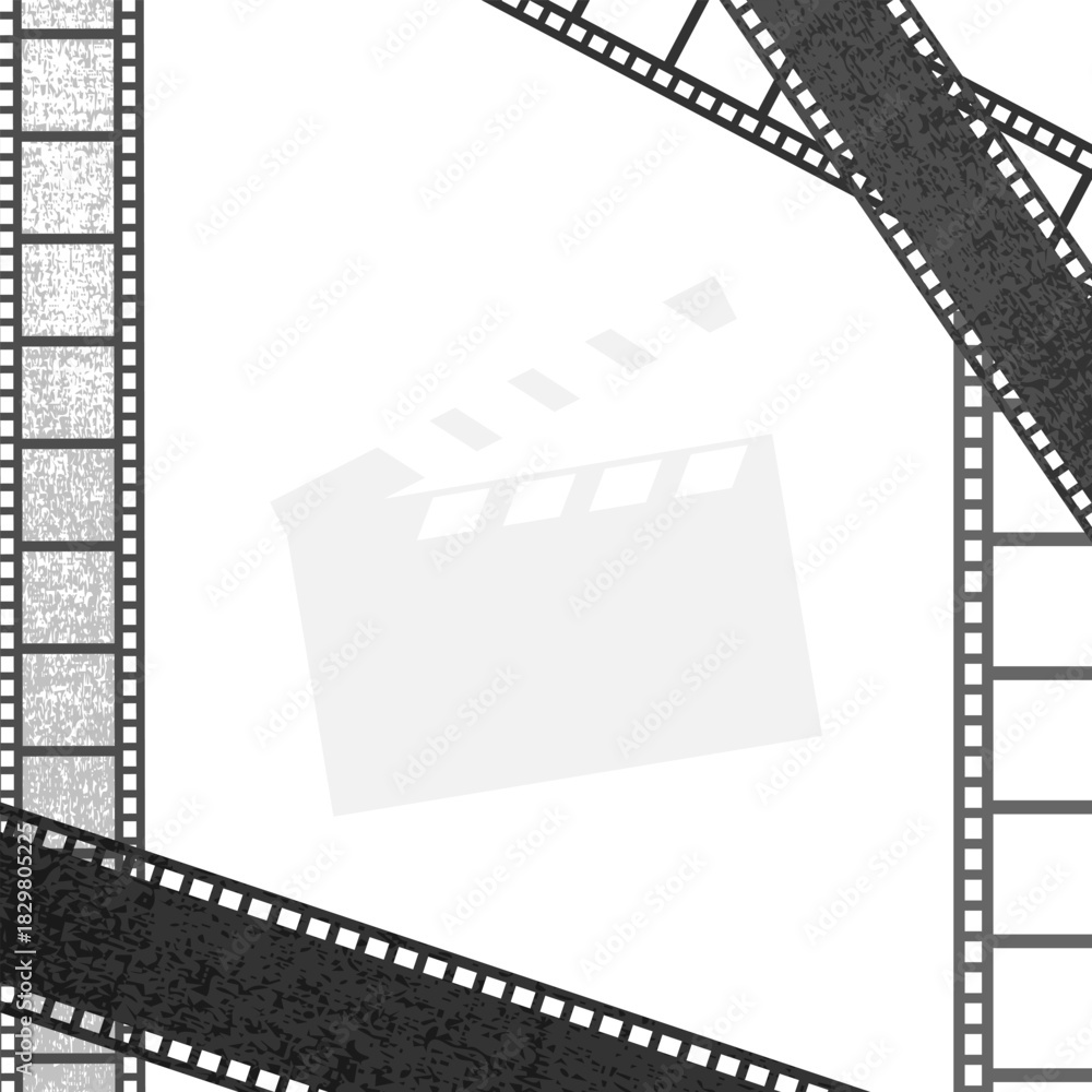 Fototapeta premium Movie cinema template background with clapperboard and filmstrip silhouettes. Vector illustration
