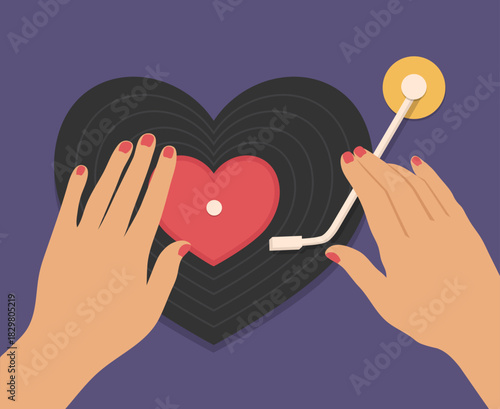 Female hands on retro vinyl record player. Heart shaped vinyl record. Top view. Vector illustration