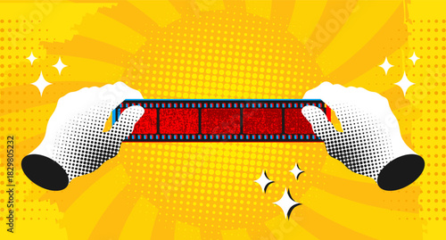 Pop art comic background with hands holding film strip. Retro style movie cinema background with color halftone, dots and rays. Vector illustration
