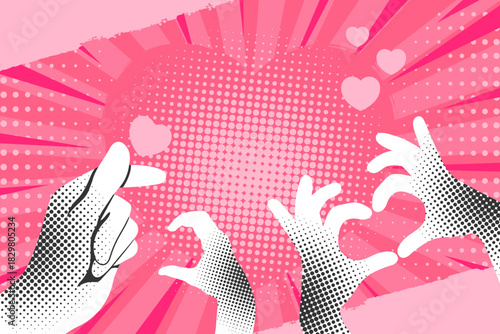 Pop art comic background decorated with hands showing heart gestures. Retro style background with color halftone, dots and rays. Vector illustration