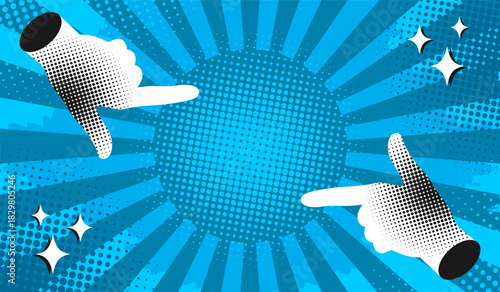 Pop art comic background decorated with hands showing frame gesture. Retro style background with color halftone, dots and rays. Vector illustration