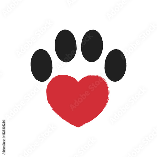 Cat or dog paw print with heart symbol in it. Pet paw icon. Vector illustration