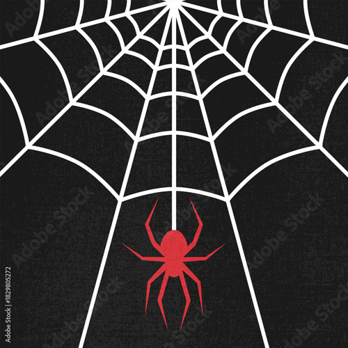 Red spider hangs from a web. Spider silhouette on a web background. Vector illustration