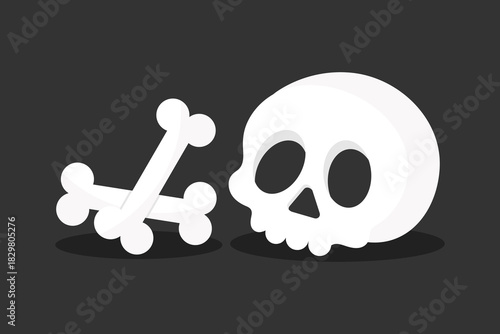 Cartoon human skull and bones on dark background. Vector illustration