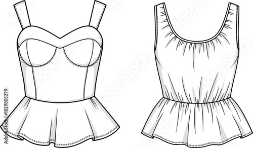 Technical flat sketch of peplum top with sweetheart neckline, structured bodice, straps, gathered back, flared hem, and construction details