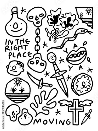 Wallpaper Mural Quirky doodle collage: skulls, knives, flowers, and weird faces Torontodigital.ca