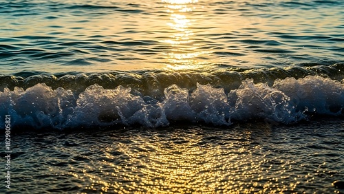 Fototapeta Naklejka Na Ścianę i Meble -  Ocean wave cresting with sunlight reflecting off the water surface at golden hour creating a glow