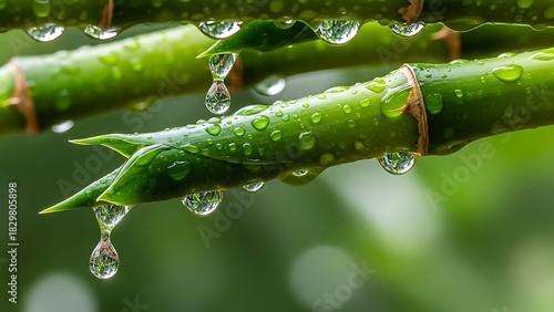 Close up of green bamboo stalks with water droplets clinging to them in a natural environment scene