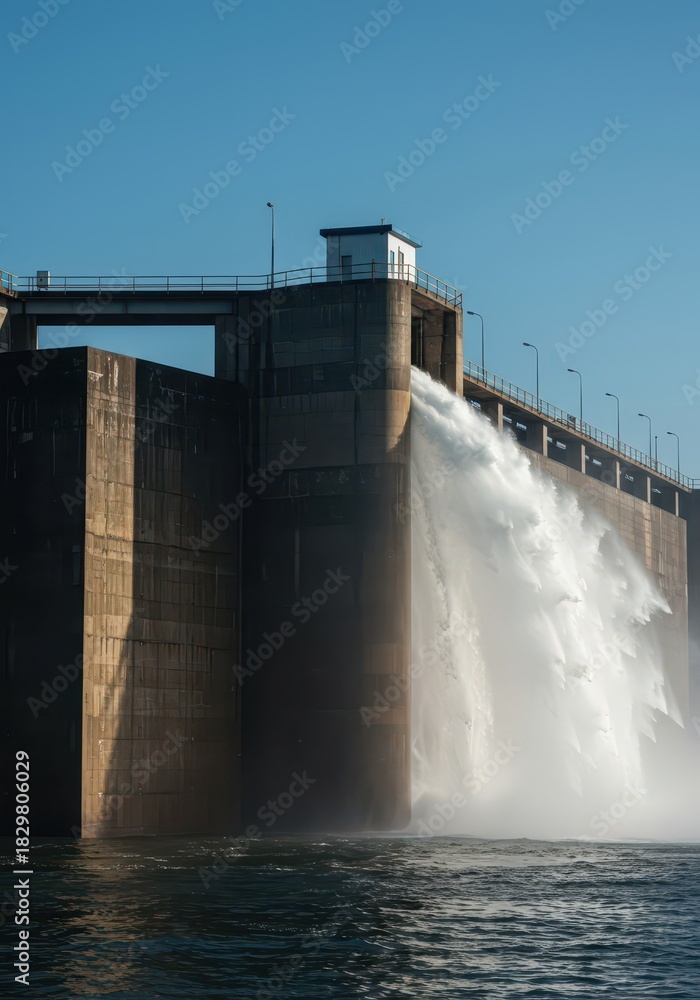 Obraz premium Massive concrete flood control structure holding back a huge reservoir of clean water, showing heavy spray and visible surface saturation from recent overflow, wet surface, power, engineering
