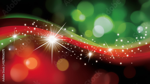 Swirling red and green lights create a vibrant festive background with sparkling stars. Suitable for holiday events, party invitations, and seasonal promotions