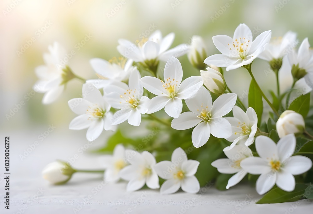 Fototapeta premium Fresh White Flowers with Soft Green Leaves in Natural Light