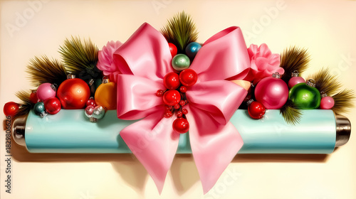 Bright blue gift wrap features a large pink bow and colorful ornaments, set against a soft background. Concept of holiday celebrations, gift giving, festive decor