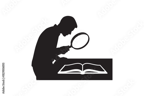 Silhouette of man holding magnifying glass reading book