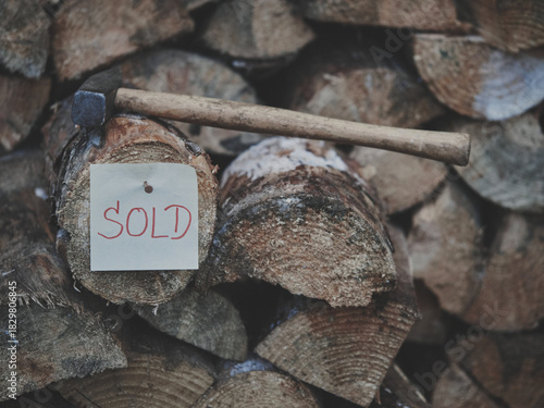 Double-layer firewood forming step with red SOLD tag nailed on, hammer on top, second line of firewood blurred in background, matte soft blue tone, rustic texture, cozy eco-friendly marketing concept.