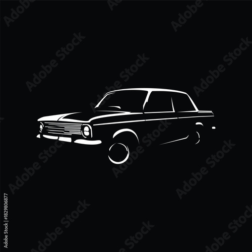 black and white automotive line art vector illustration of a vintage sedan on a black background