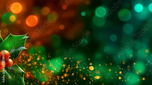Holly leaves adorned with red berries creating a festive scene. Soft glowing bokeh background in green and orange hues adds warmth and cheer