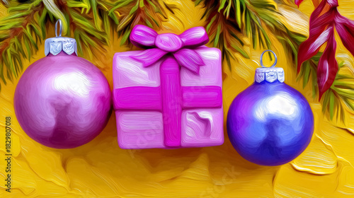 Vibrant pink gift box surrounded by shiny ornaments on bright yellow background. Festive setting ideal for holiday decorations, seasonal marketing, and celebration themes