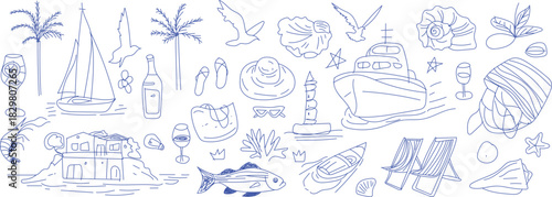 Summer vacation doodle style illustration set. A vibrant collection of hand-drawn illustrations capturing the essence of summer holidays, perfect for creative projects.