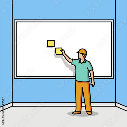 Man Placing Sticky Notes on a Whiteboard for Planning.