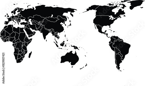 black world map with outline vector illustration