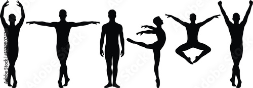 Ballet dancer silhouette, elegant dance poses, classical movement icons, black figure pattern, expressive form, white background