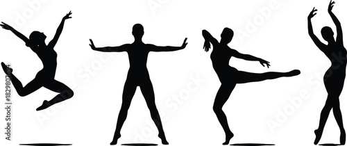 Ballet silhouettes, dancers in motion, leaping, arabesque, posture, gesture, elegance, strength, black, minimal, abstract, people, action, concept, representation, anatomy, performance, style, grace