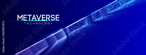 Background vr space with metaverse 3D floor and line blue grid elements. Game reality pattern with background design and vr space texture for purple modern. Ground 90s aesthetic digital