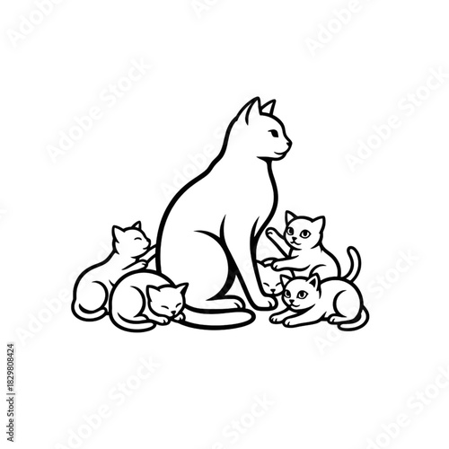 Mother Cat with Kittens Outline Illustration