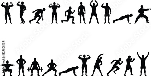 Fitness silhouettes, workout poses, exercise motion, running, jumping, stretching, lifting, punching, squatting, posture, behavior, training, black, minimal, abstract, people, action