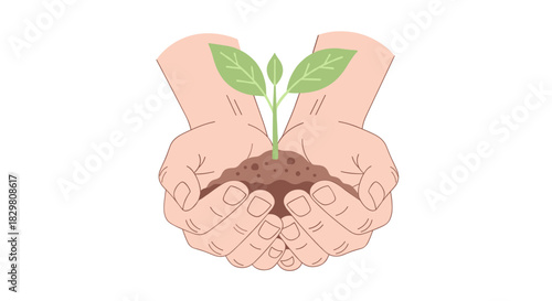 Human hands gently cradle a vibrant green plant sprout emerging from rich soil, symbolizing growth, care, and the hopeful future of our natural environment.