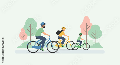 A happy family enjoys a leisurely bike ride together through a beautiful park landscape, promoting health and outdoor recreation.