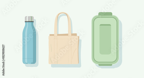 This clean illustration features a reusable water bottle, a canvas tote bag, and a food container, promoting an eco-friendly and sustainable lifestyle.