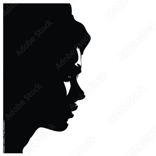 Black and white vector illustration featuring a side profile of a woman's face in a minimalist style