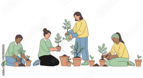 Diverse group of people collaboratively planting saplings in pots, fostering environmental growth and community sustainability with care.
