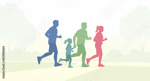 A vibrant vector illustration depicts a happy family of four, including parents and children, enjoying a healthy outdoor run together in a serene park setting.