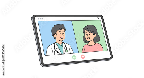 A digital tablet displays a virtual medical consultation between a male doctor and a female patient, illustrating modern telemedicine and remote healthcare services.
