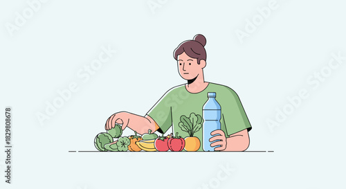 A thoughtful woman carefully selects fresh, organic fruits and vegetables, emphasizing a balanced, nutritious diet and healthy lifestyle choices.