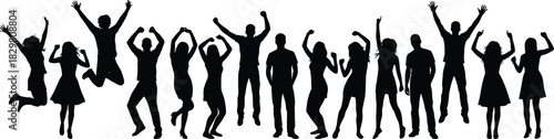Group celebration silhouette, joyful people jumping, unity and excitement pose, black figures pattern, festive energy, white background