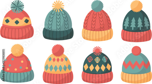 A collection of colorful knit winter hats with pom poms in various patterns for cold weather