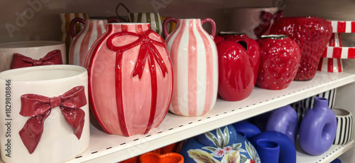Принти на полотні Bright ceramic vases and decor items in bold red, pink, and striped designs