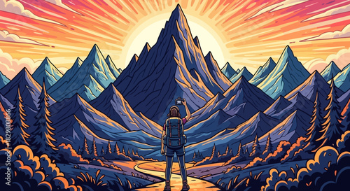 Vibrant cartoon hiker capturing majestic mountain range at sunrise, adventure travel illustration.