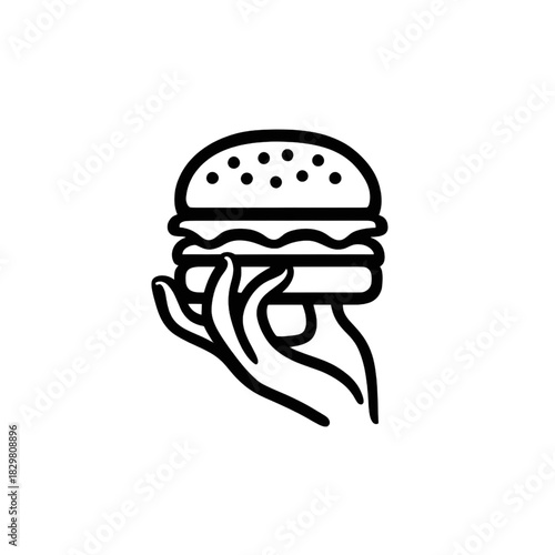 Hand Holding Burger Icon – Minimalist Fast Food Line Art Logo Illustration