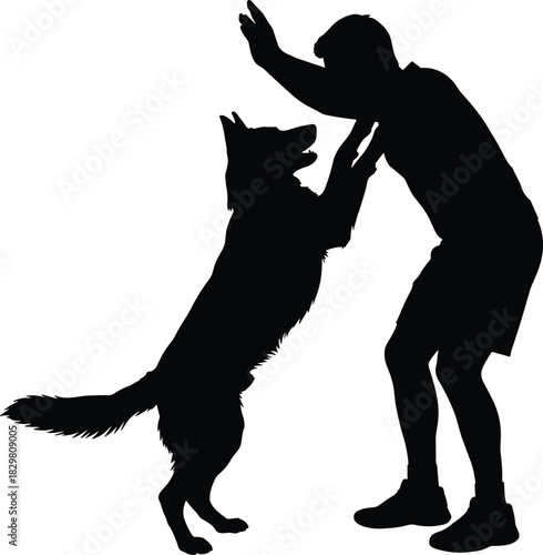 Human and dog silhouette, playful interaction pose, companionship and bonding concept, black figure icon, white background