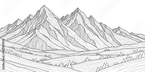 Mountain range landscape drawing with forests and rolling hills isolated on white background