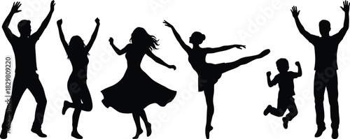 Joyful dance silhouette, jumping and celebrating figures, expressive movement pose, black people icon, isolated on white background