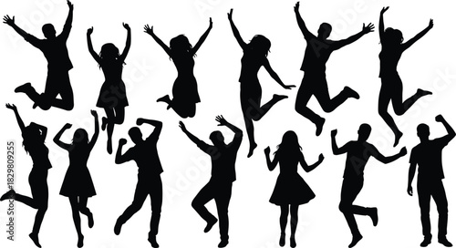 Jumping celebration silhouette, joyful people poses, energetic dance movement, black figures pattern, youth freedom concept, isolated white background