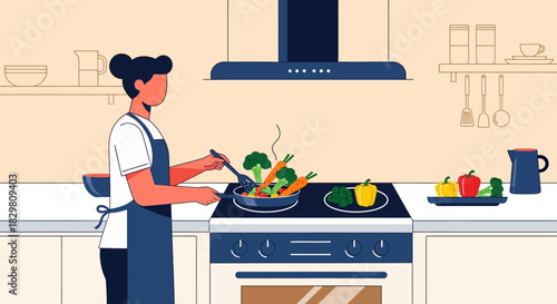 Woman Cooking Vegetables in a Pan on the Stove, Wearing Apron